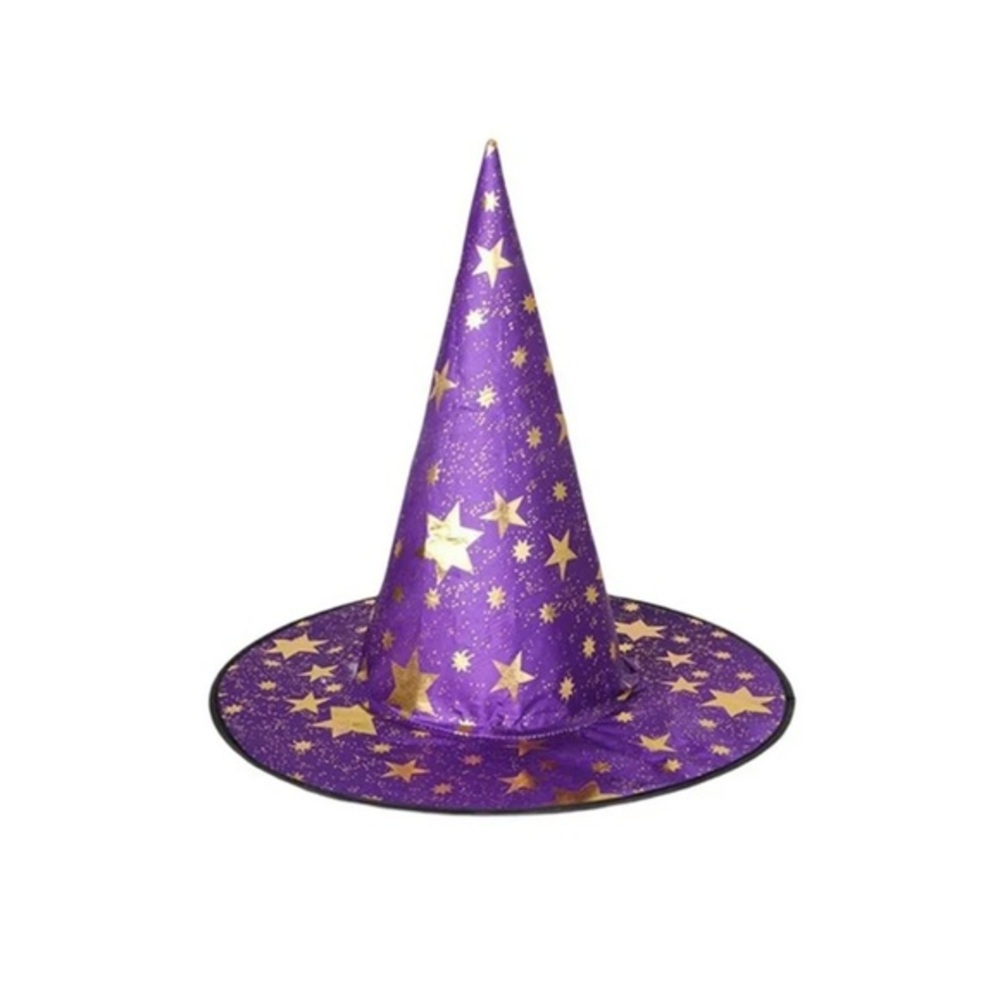 Purple and Gold Star Halloween witch Hats for costume accessories bundle of 8